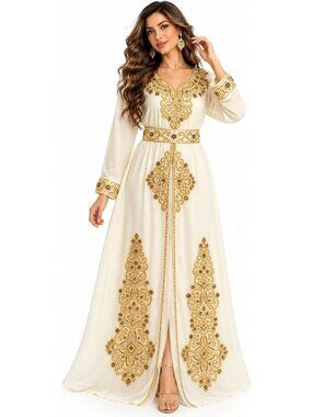 Elegant Large Moroccan Kaftan Dress - White Gold Embroidery, Batwing Sleeves